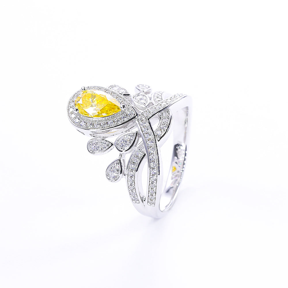 Elegant Crown Yellow Lab Diamond Water Drop Ring