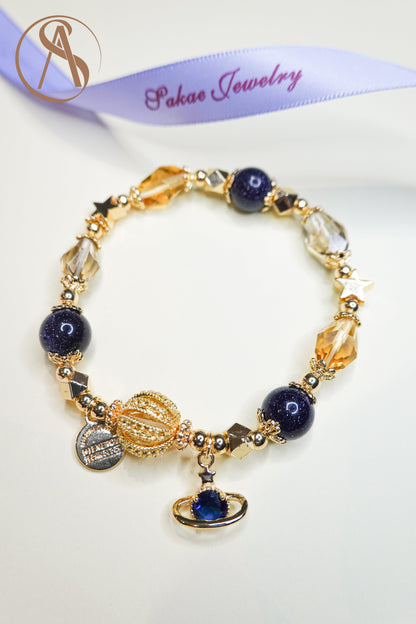 Glittering Dark Blue Sand Stone and Citrine 14K gold bracelet
