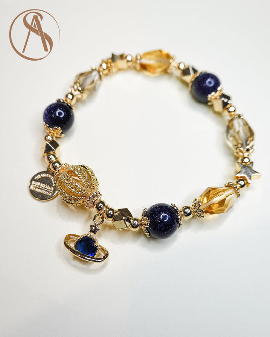Glittering Dark Blue Sand Stone and Citrine 14K gold bracelet