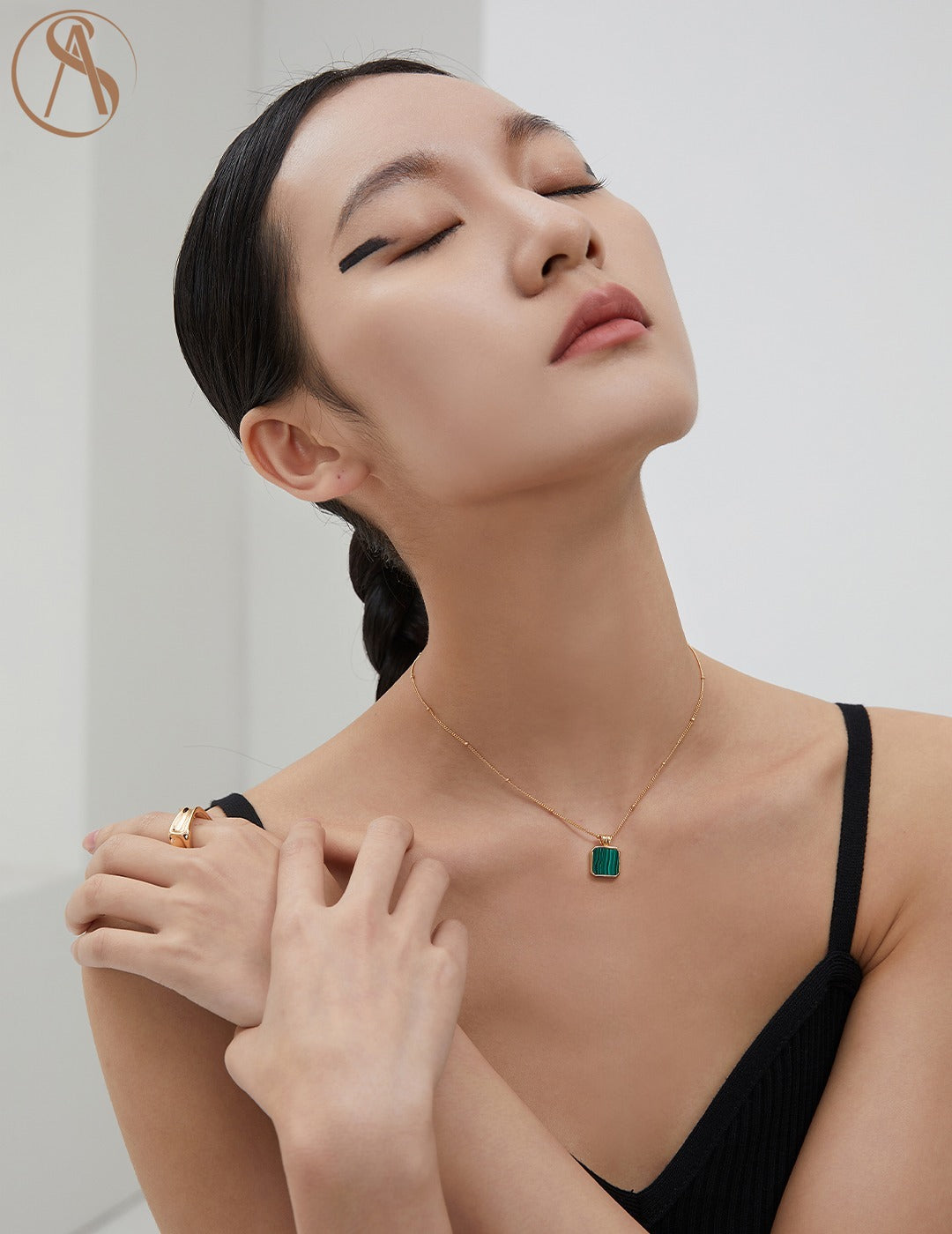 Square Malachite Necklace with 18K Gold Chain