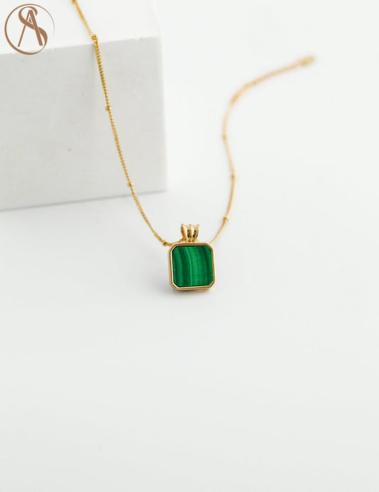 Square Malachite Necklace with 18K Gold Chain