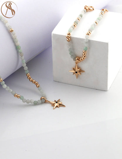Natural Jade Beads With 18K Gold Star Necklace